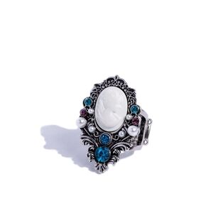 Elegant Silver Cameo Ring with Blue and Pearl Accents BRIDGERTON collection